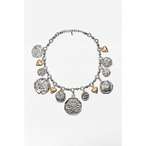 Zara Silver Gold Charm Pendant Necklace With Heart and Coin Accents